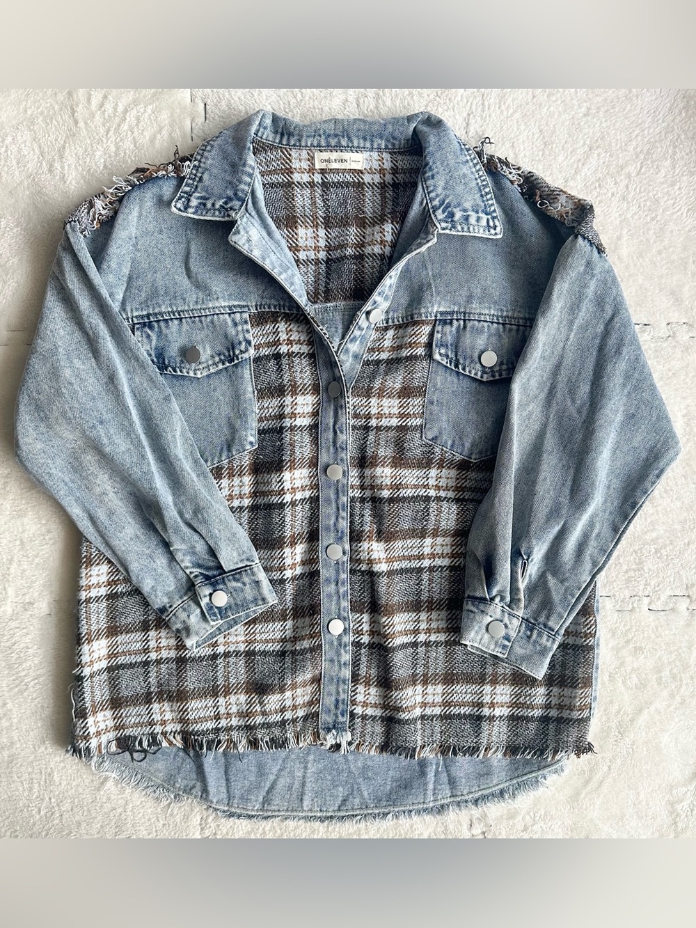 Onëleven Denim Plaid Shacket, Size Medium